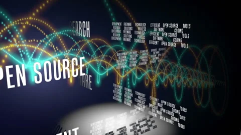 3D open source text floating beside panels showing tech terms with neon Stock Footage 309342364