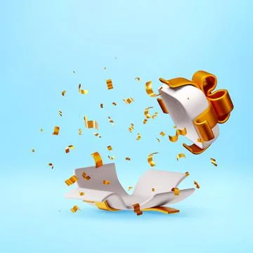 3D Open white gift box with bursting confetti Stock Illustration