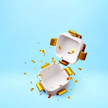 3D open white gift box with and falling confetti Stock Illustration