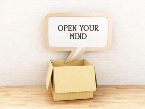 3d Opened box and Speech bubble with Open Your Mind text. Stockillustratie