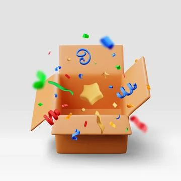 3d opened cardboard box with color confetti Illustrazione stock
