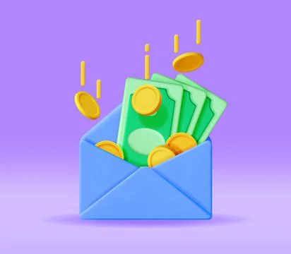 3D Opened Envelope with Money Inside Stock Illustration