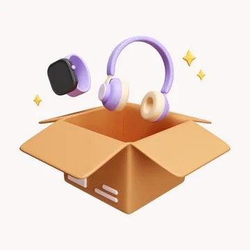 3d Opened parcel box with head phone and watch. online shopping concept. icon Stock Illustration