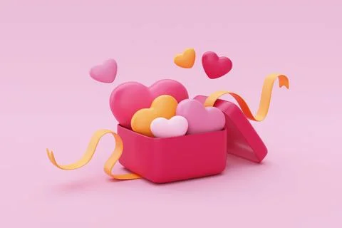 3d Opened pink gift box full of heart-shaped balloons isolated on pink back.. Stock Illustration