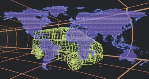 3D opening yellow van centering on orange grid with lands fading into point Stock Footage 328712898