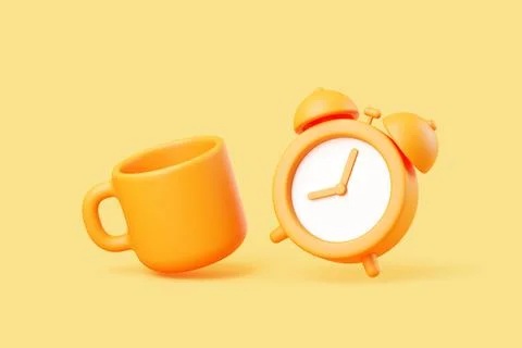 3D orange alarm clock and coffee cup on yellow background Stock Illustration