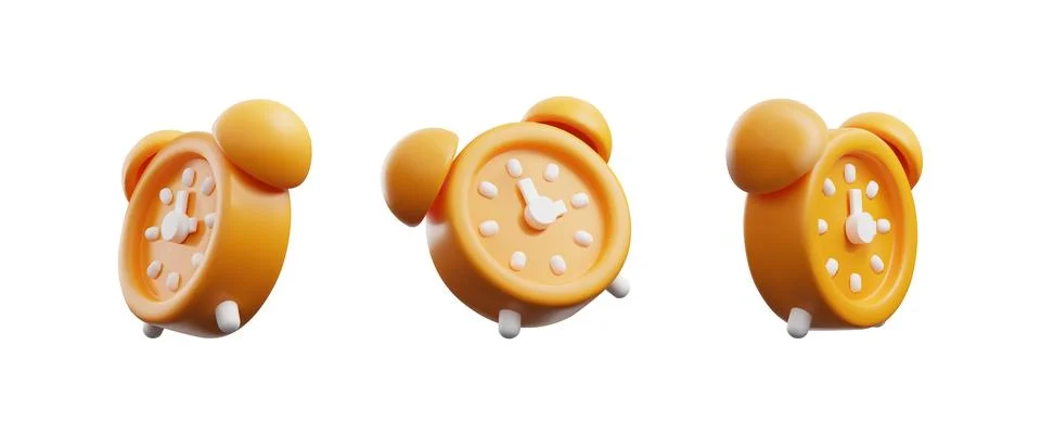 3D orange alarm clock vector set, render watch, sleeping or deadline timer Stock Illustration