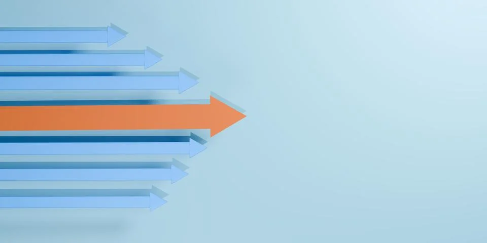 3D orange arrow breaking from blue arrows moving in same direction, symboli.. Stock Photos