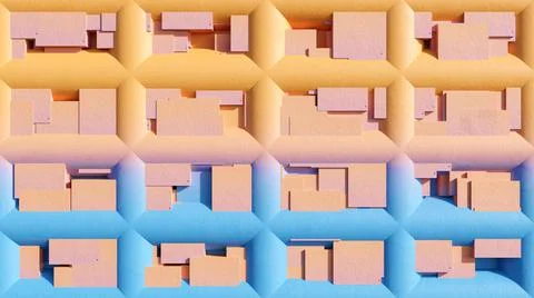 3D orange-blue wall texture, volumetric grid with squares or random bricks Stock Illustration