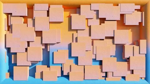 3D orange-blue wall texture, volumetric squares or random bricks. Relief Stock Illustration