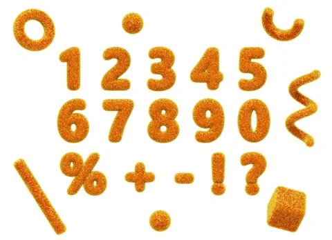 3d orange fluffy numbers from 0 to 9. Fur digits with percent sign, question Illustrazione stock
