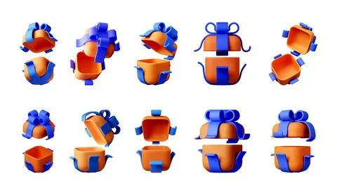 3D Orange gift box collection with blue bow Stock Illustration