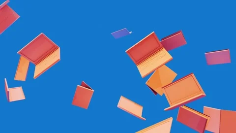 3D Orange Purple Laptops Falling and Floating on Bright Blue Background Видео 334576190