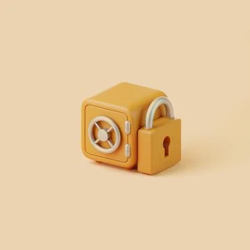 3D orange safe with padlock for security Stock Illustration