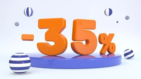 3d orange text 35 percent on a stand, stage, podium surrounded by striped b.. Stock Illustration