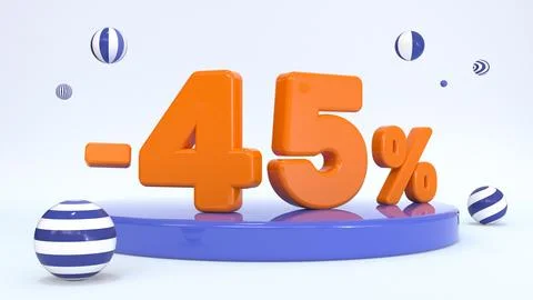3d orange text 45 percent on a stand, stage, podium surrounded by striped b.. Stock Illustration