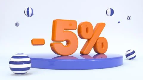 3d orange text 5 percent on a stand, stage, podium surrounded by striped ba.. Stock Illustration