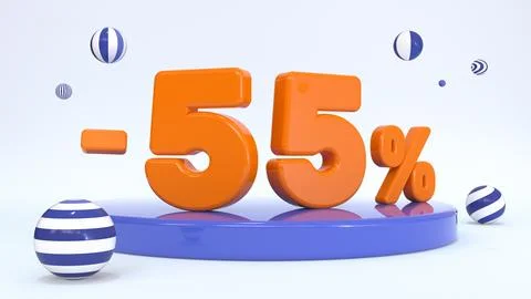 3d orange text 55 percent on a stand, stage, podium surrounded by striped b.. Stock Illustration