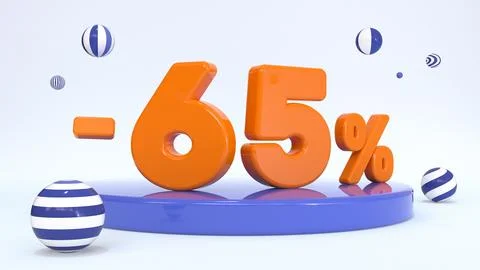 3d orange text 65 percent on a stand, stage, podium surrounded by striped b.. Stock Illustration