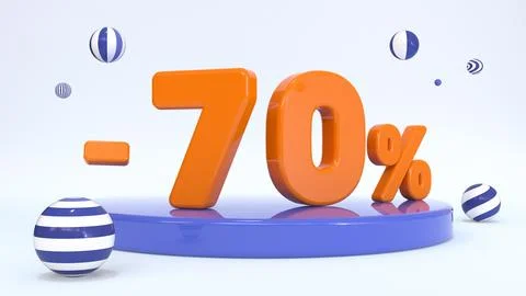 3d orange text 70 percent on a stand, stage, podium surrounded by striped b.. Stock Illustration