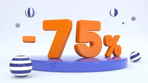 3d orange text 75 percent on a stand, stage, podium surrounded by striped b.. Stock Illustration