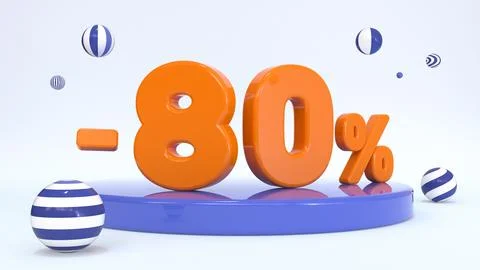 3d orange text 80 percent on a stand, stage, podium surrounded by striped b.. Stock Illustration