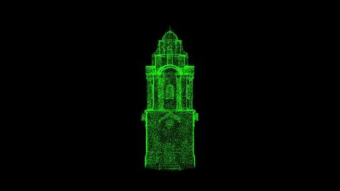 3D Oriental tower on black background. Object dissolved green flickering part イラスト素材