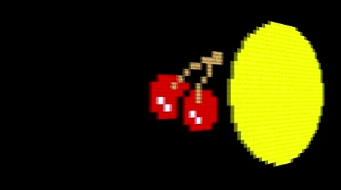 3D Pac Man chasing and eating cherries - 80s Game FX Stock Footage 45592473