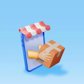 3D Packaging Box in Hand in Smartphone with Awning Illustrazione stock
