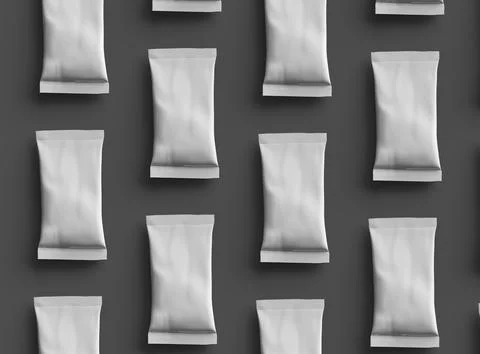 3D packaging render of pillow food snack bag isolated on a dark background. Stock Illustration