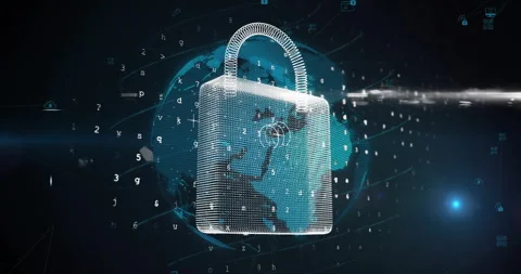 3D padlock floating over digital globe, streaming code and drifting lock and Stock Footage 308069546