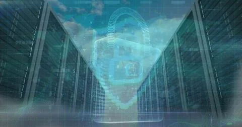 3D padlock hovering in data center corridor, with server racks, binary streams Foto stock