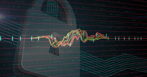 3D padlock icon sitting behind wavy line chart, showing cyber finance fusion in Stock Footage 307462828