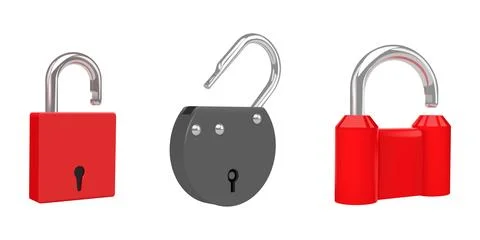 3D padlock. Unlock security locker. Open house or computer encryption technology Illustrazione stock