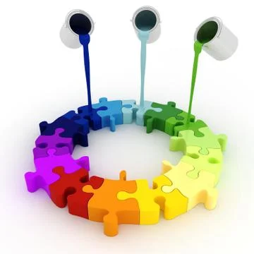 3d paint buckets drop over puzzle pieces Stock-Illustration