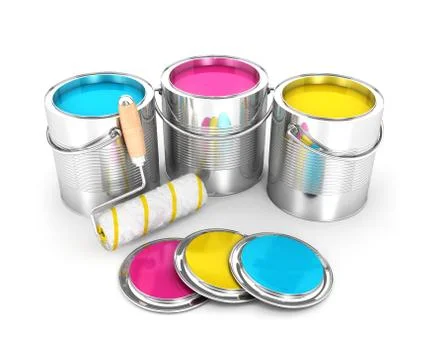 3d paint cans and roller brush Stock Illustration
