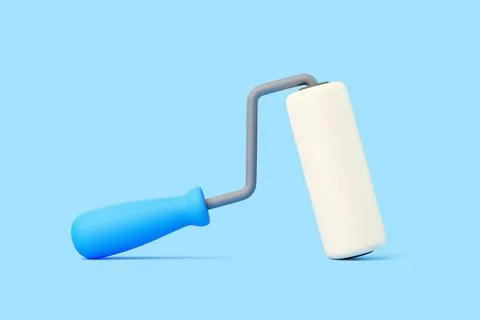 3D paint roller with handle lying on light blue background, minimal tool co.. Illustration
