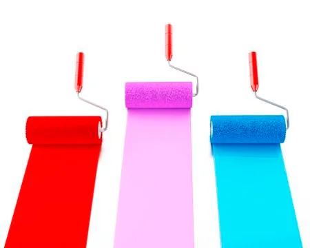 3d Paint rollers with colours red, blue and purple. Stock Illustration