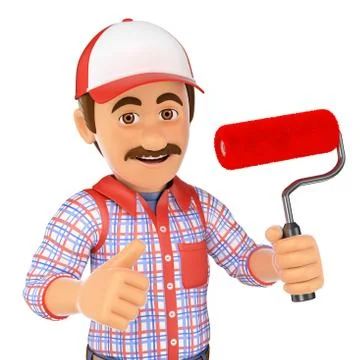3D Painter with brush roller and thumb up Stock Illustration