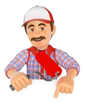 3D Painter with brush roller pointing down. Blank space Stock Illustration