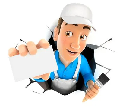 3d painter coming out through a wall with company card Illustrazione stock