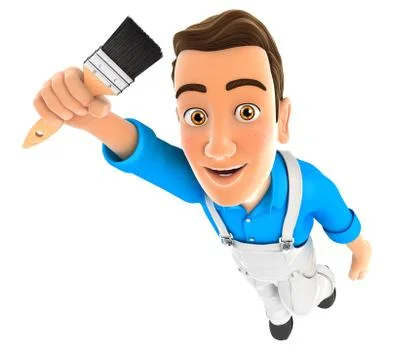 3d painter flying and holding brush Illustrazione stock