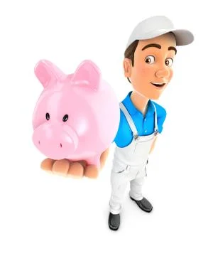 3d painter standing and holding piggy bank Illustrazione stock