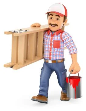 3D Painter walking with paint can and ladder Ilustración de archivo