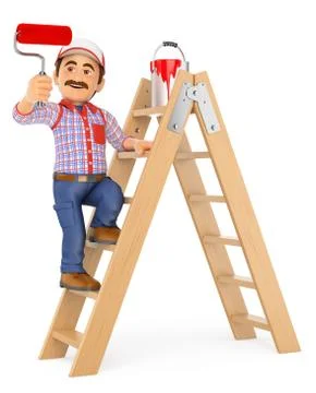3D Painter working up a ladder with a roller brush Stock Illustration