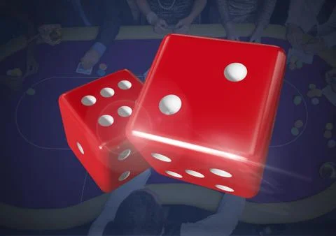 3D Pair of dice over blue casino table background Fotos Stock