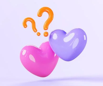 3d pair of hearts with question marks render icons. Pink purple love symbol with Illustrazione stock