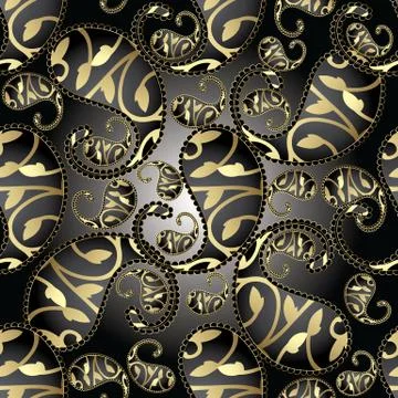 3d paisley seamless pattern. Vector floral black background with 3d gold orna Illustrazione stock