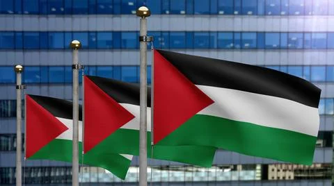 3D, Palestinian flag waving on wind. Palestine banner blowing soft silk. 스톡 일러스트