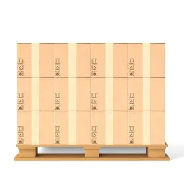 3D pallet with cargo, vector realistic brown carton parcel closed with duct tape Illustrazione stock